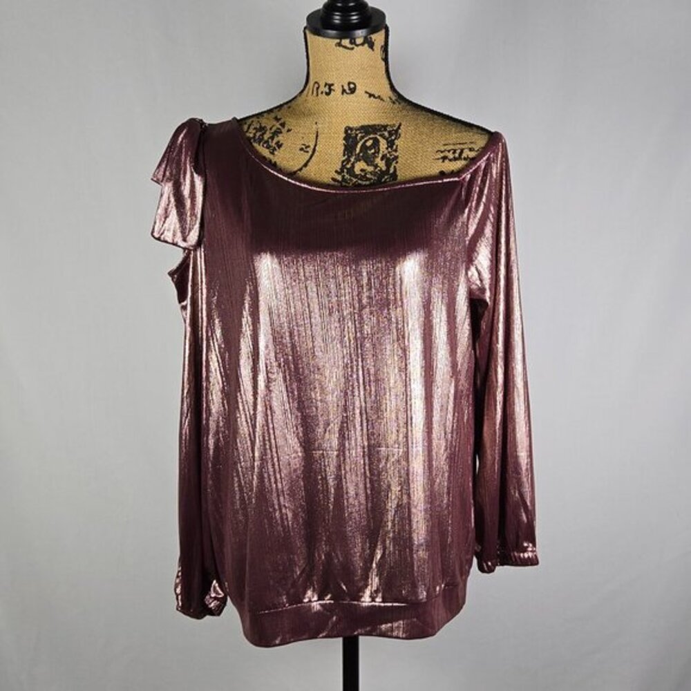 Jasambac Womens XL Metallic Rose Gold Off Shoulder Blouse Long Sleeve Party Top